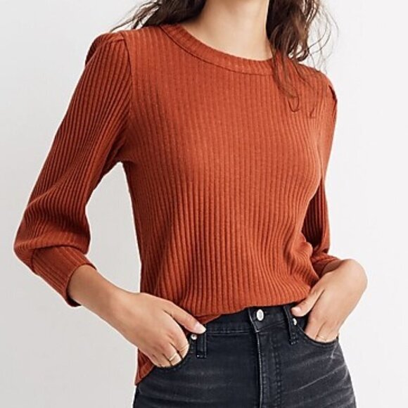 Madewell Sweaters - Madewell Brushed Rib Pleat-Sleeve Top Rust Orange 3/4 Sleeve Sweater size Large